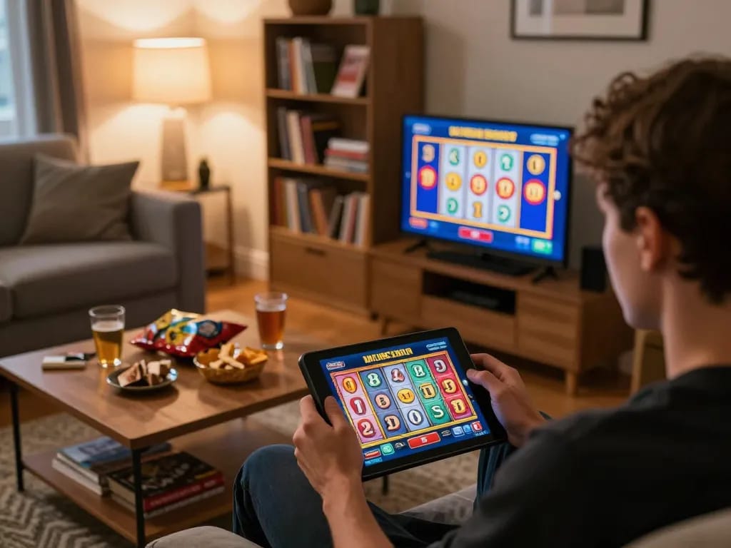 Engaging in online slot depo 1000 gameplay on a tablet amidst a cozy home atmosphere, showcasing responsible gaming habits.
