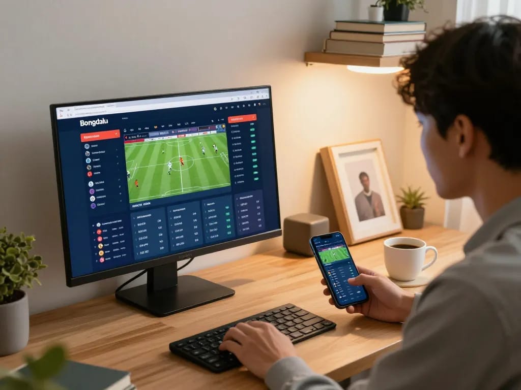 Bongdalu user engaged with live sports scores on smartphone and computer, emphasizing responsible gambling habits