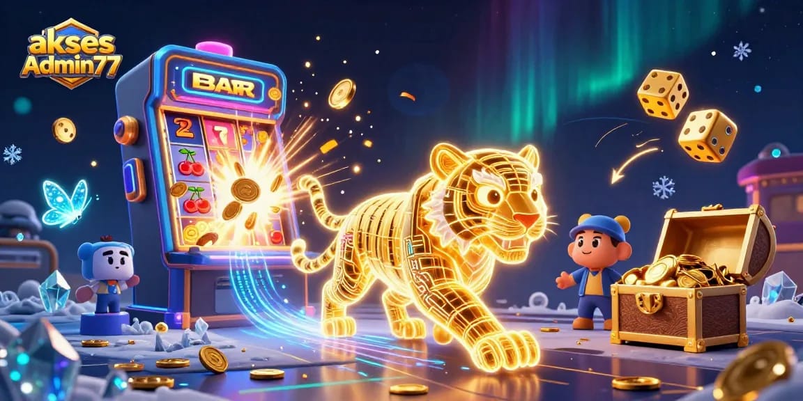 A thrilling visual of access Admin77 featuring a neon tiger and holographic butterflies in a vibrant casino