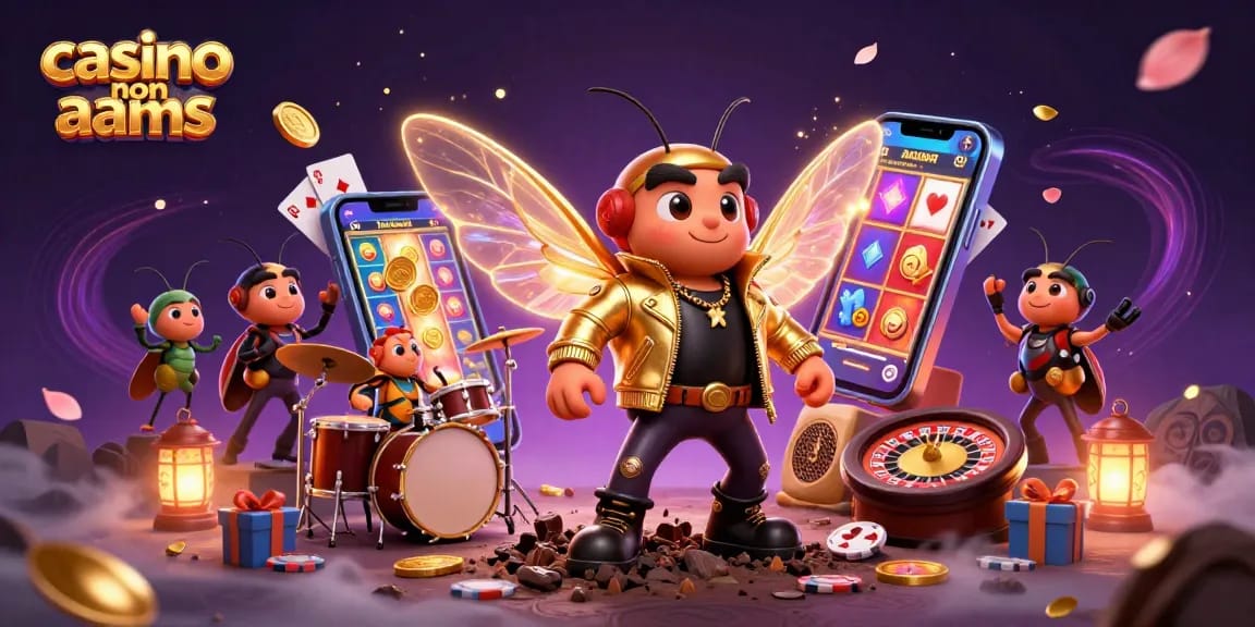 Casino non AAMS: cicada rock star in una scena di casinò vibrante con giochi di slot e divertimento al poker.