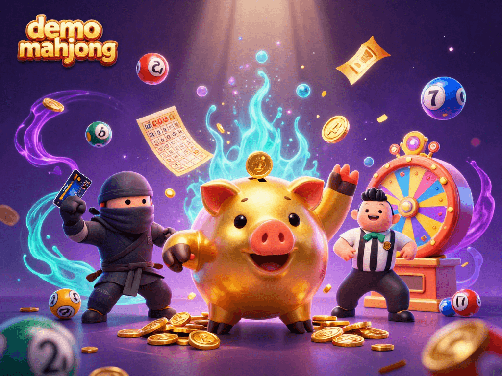 Demo mahjong saat bermain dengan karakter menarik, perayaan jackpot dan bola lotere berwarna-warni.
