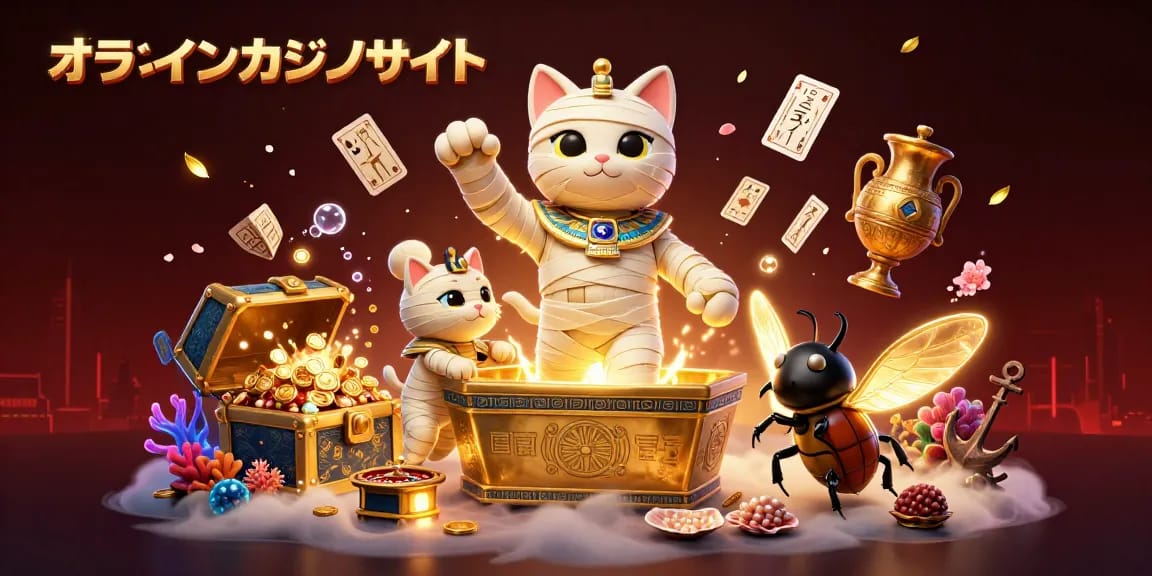 オンラインカジノサイトでエジプト風のミイラキャットが黄金のサラコファスから飛び出している様子を描いたイラスト
