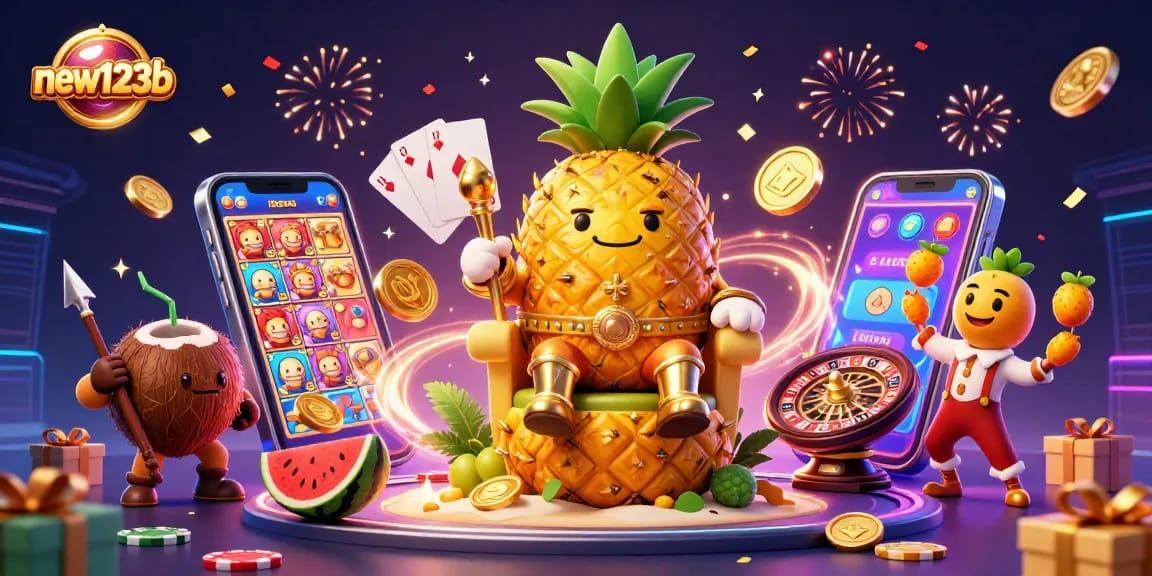 Join the excitement at new123b with a vibrant scene of the golden pineapple king and gaming elements in a festive casino.