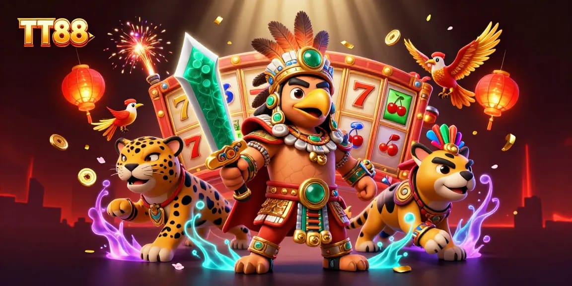 Experience the excitement at TT88 with dynamic slot reels, Aztec warriors, and vibrant gaming elements.