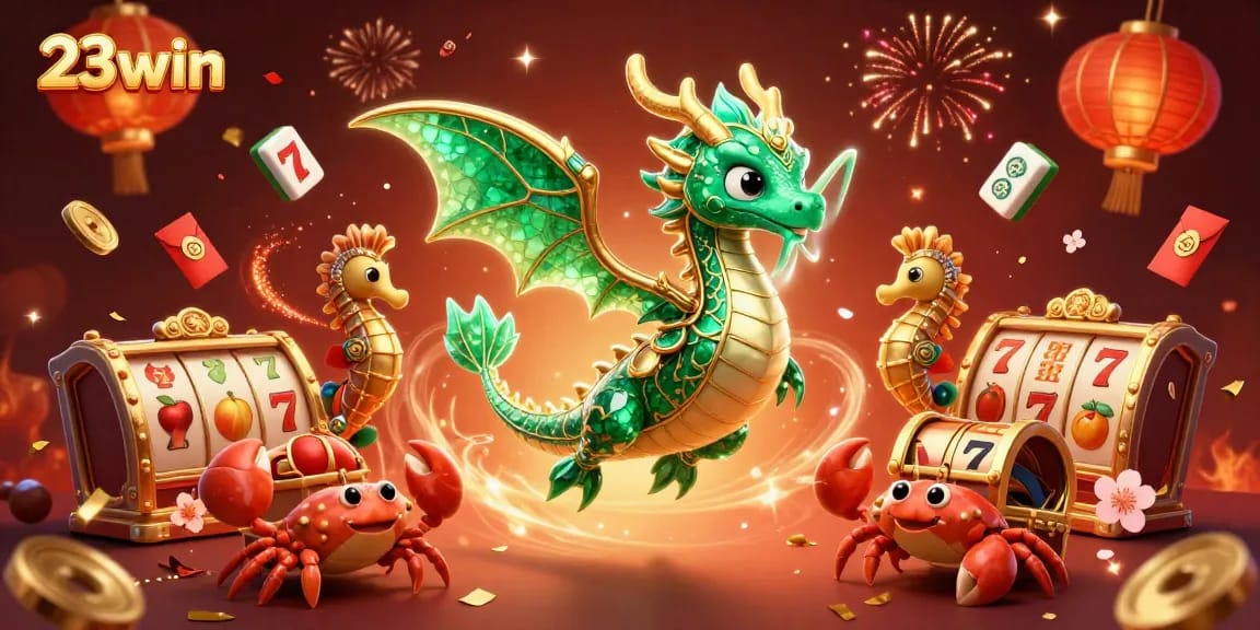 Experience the excitement of 23win in this dynamic casino illustration featuring vibrant elements and characters.