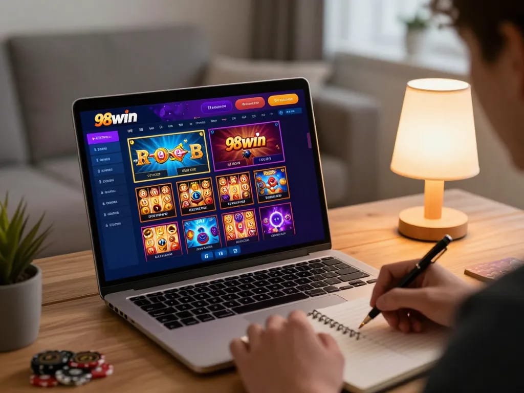 Engaged player exploring 98win online casino games with strategic notes in a cozy home setting.