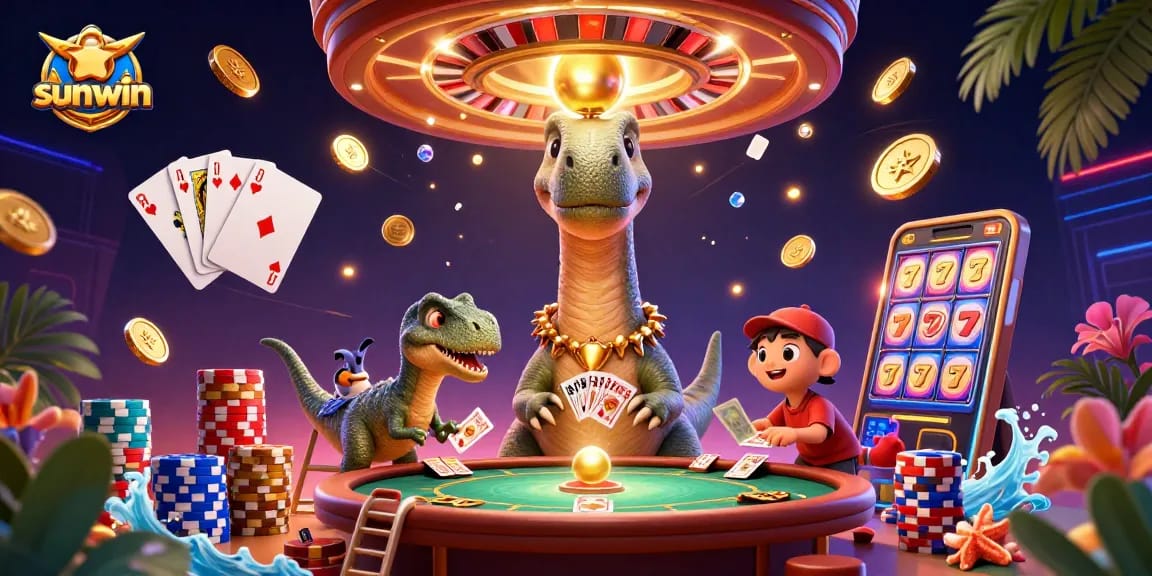 Engage with sunwin at this lively online casino scene featuring dynamic characters and game elements.