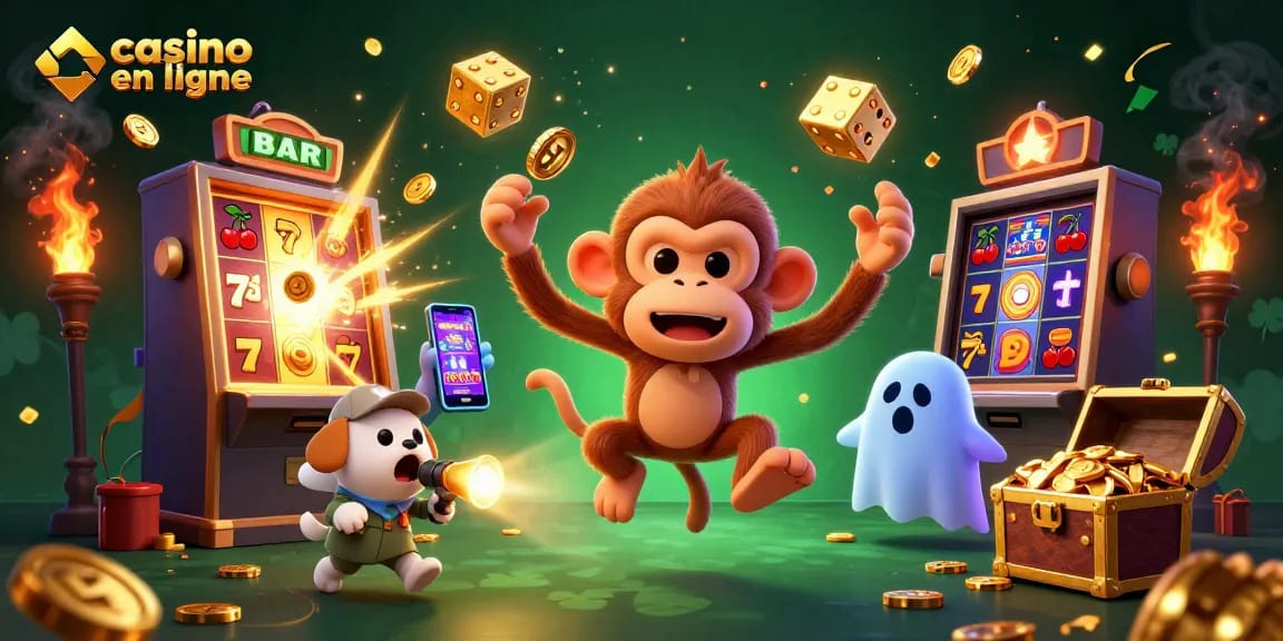 Le poltergeist de casino en ligne joue avec des pièces et des cartes, tandis qu'un chiot explorateur le suit.