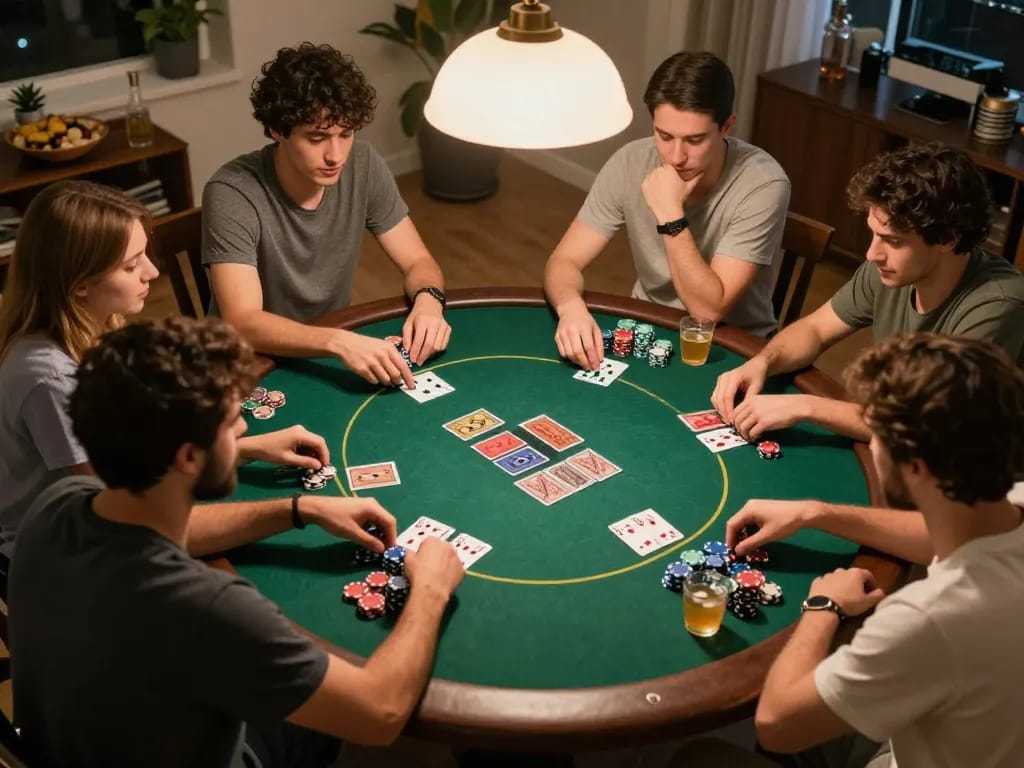Engaging players exploring viral4d poker strategies at a home game night, showcasing vibrant chips and friendly competition.