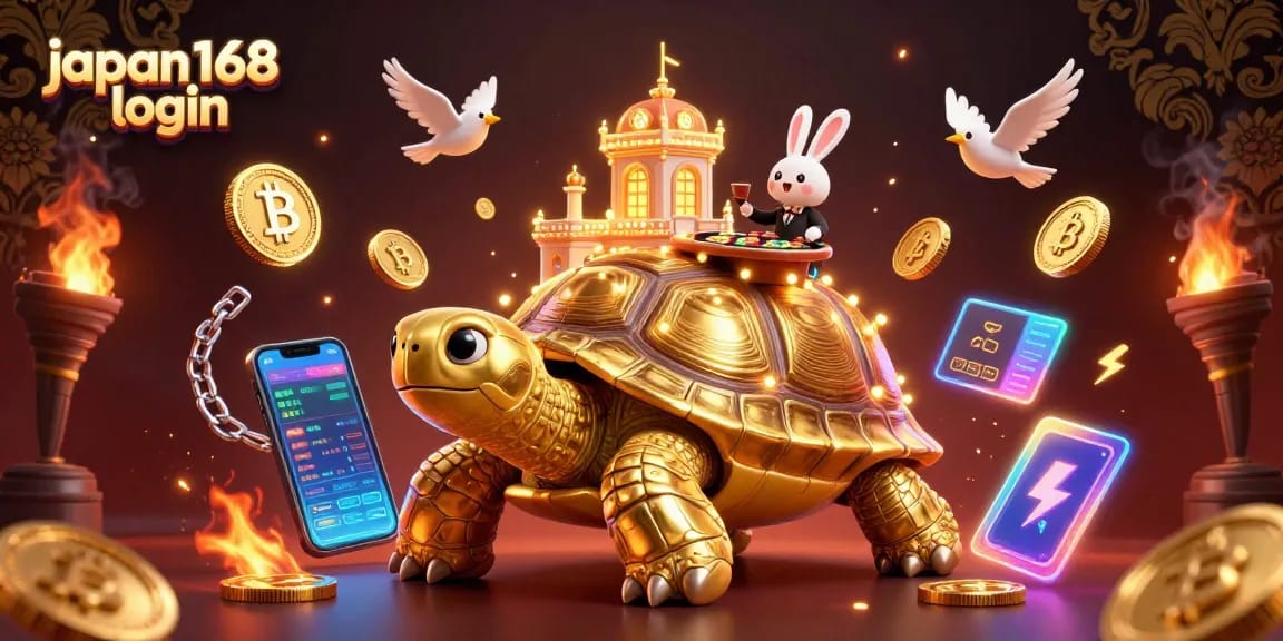 Experience the thrill of the casino with japan168 login featuring a 3D tortoise, rabbit dealer, and flying gold coins.