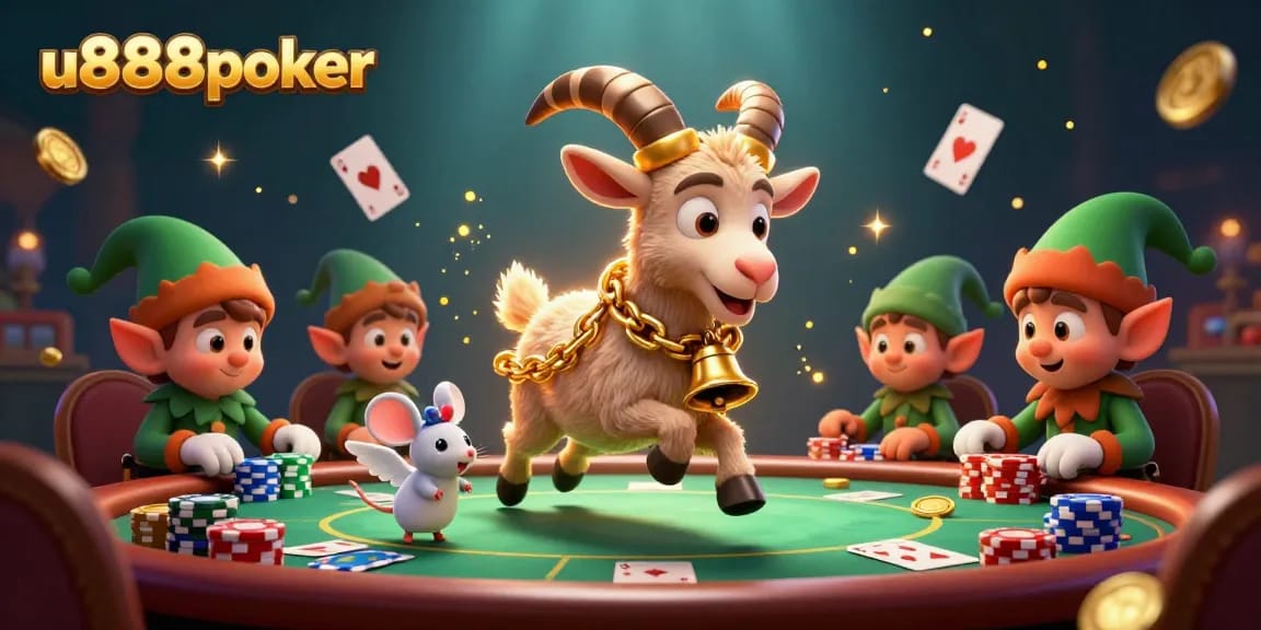 Engage with u888poker by entering a vibrant, chaotic casino scene featuring poker elements and festive characters.