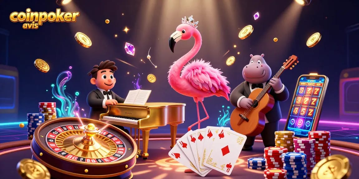 Évaluez coinpoker avis avec une illustration captivante d'un flamingo chanteur, offrant une ambiance de casino dynamique.