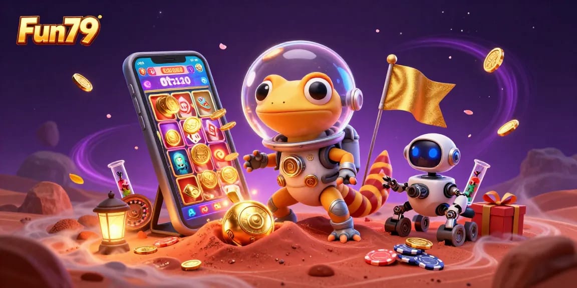 Play slots and win big at Fun79's vibrant golden casino on Mars with engaging game elements.