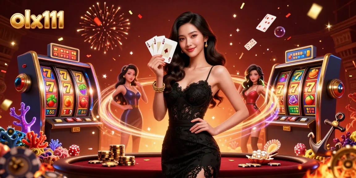 Engage with the vibrant casino scene featuring olx111, where an elegant woman plays cards amidst slot reels and fireworks.