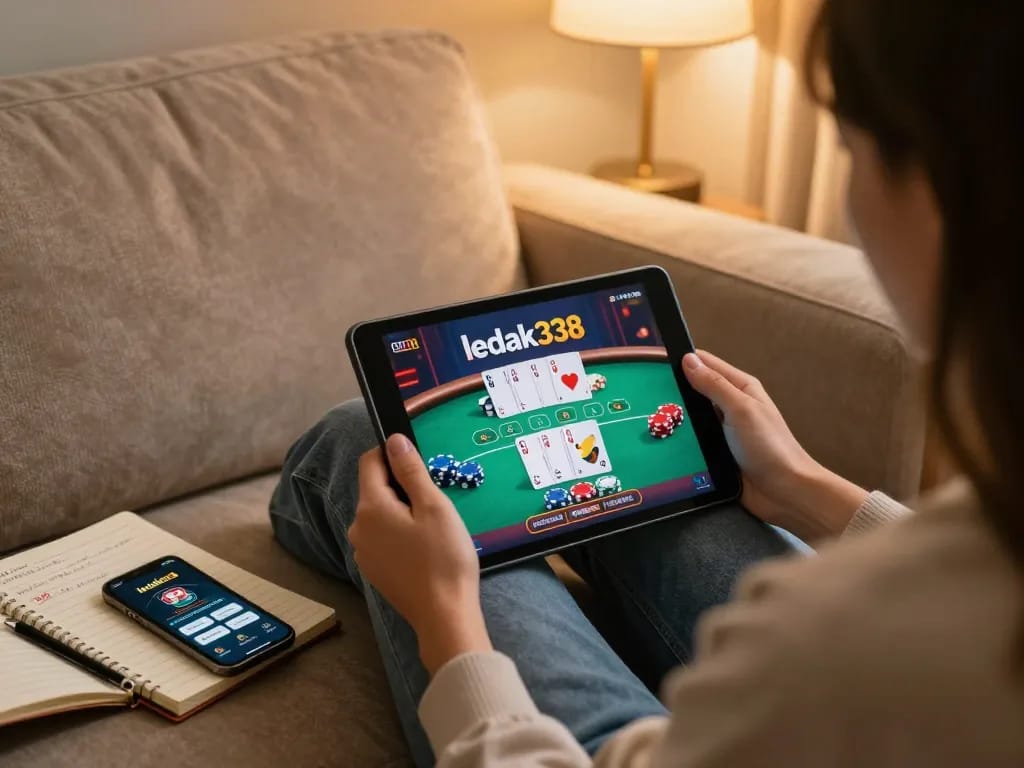Engaged player enjoying ledak338 poker game on a tablet surrounded by strategy notes and casino app.