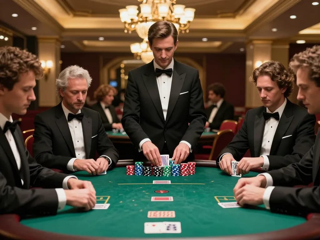 Action at high-stakes poker table in luxurious casino, showcasing Slot Gacor Dewagg strategies and intense gameplay.