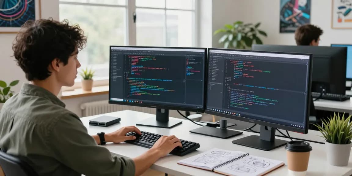 Developer crafting a new open claw skill in a modern workspace, immersed in coding.