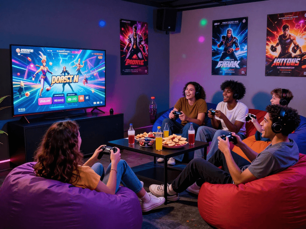 Group of friends playing interactive porngames in a lively gaming lounge
