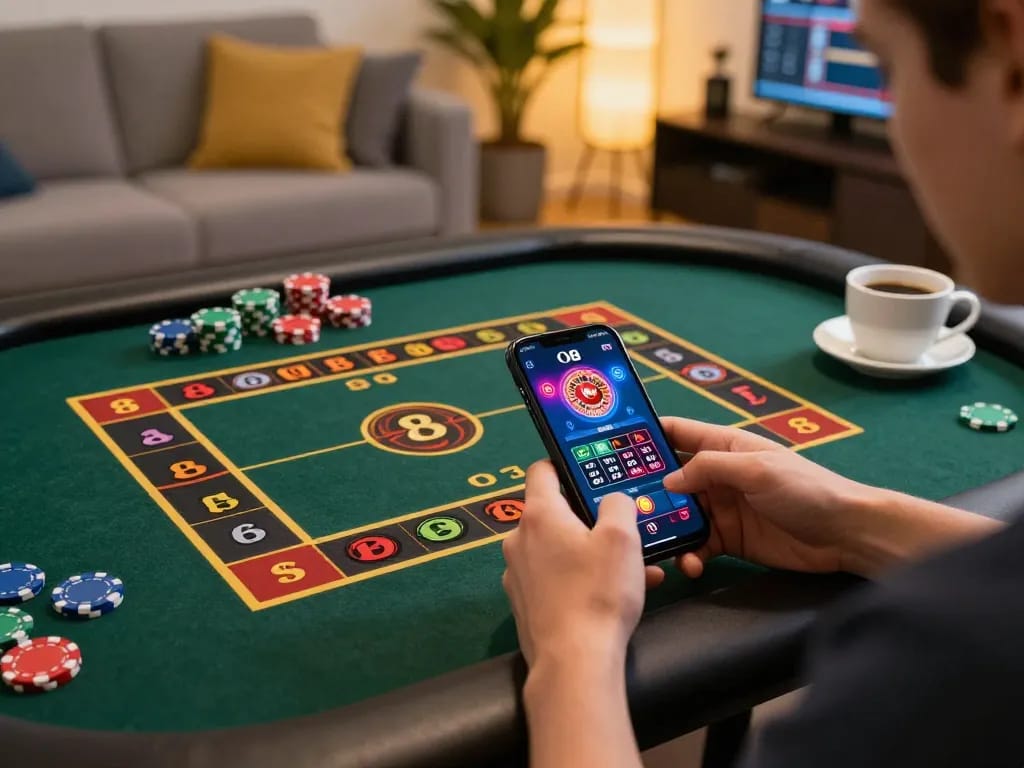 Player engaging with O8 casino app while betting on roulette from a comfortable home setting