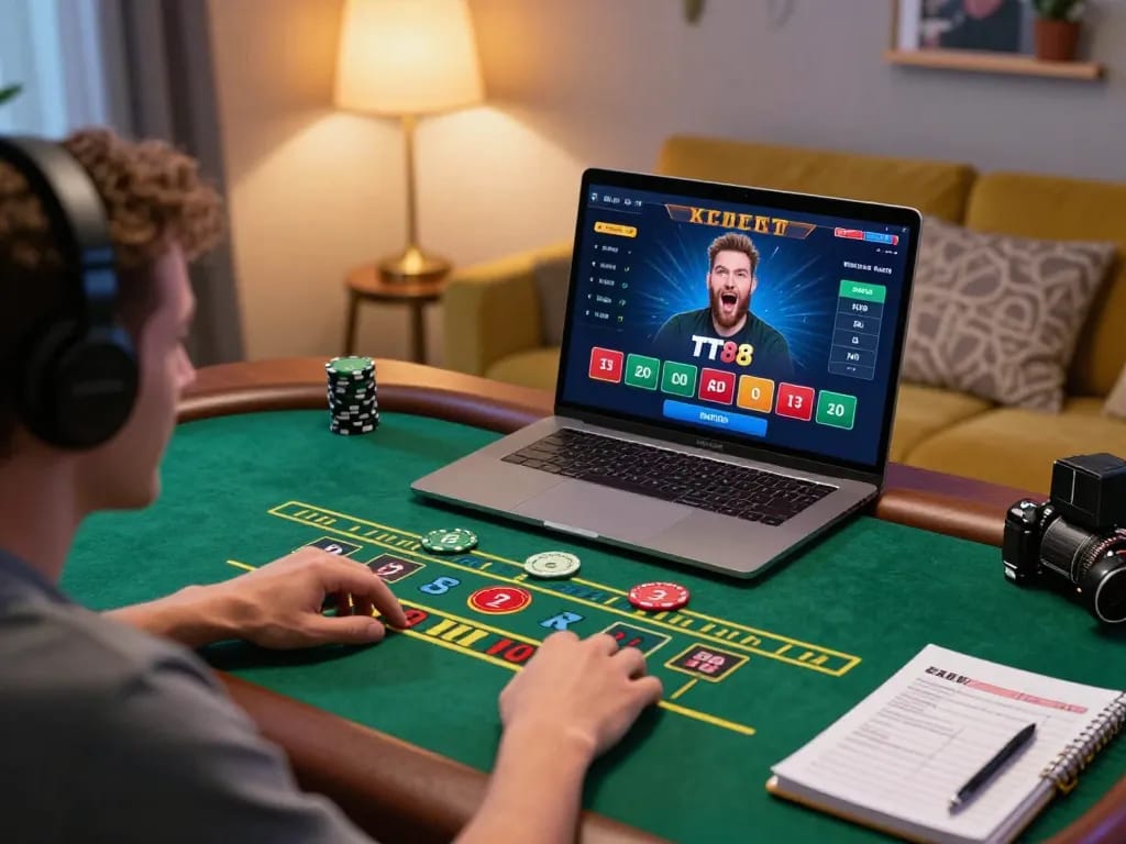 Player strategically betting on TT88 live dealer blackjack game in a cozy home environment.