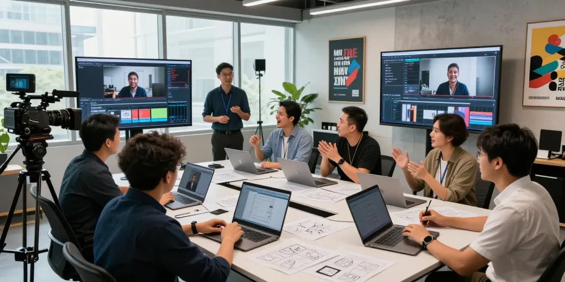 Singapore's leading corporate video production company team collaborating creatively in a modern studio setting, showcasing teamwork and innovative video projects.
