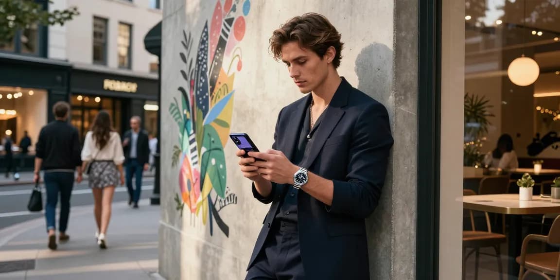 Person showcasing a rolex super clone watch in a trendy urban environment, highlighting luxury and style.