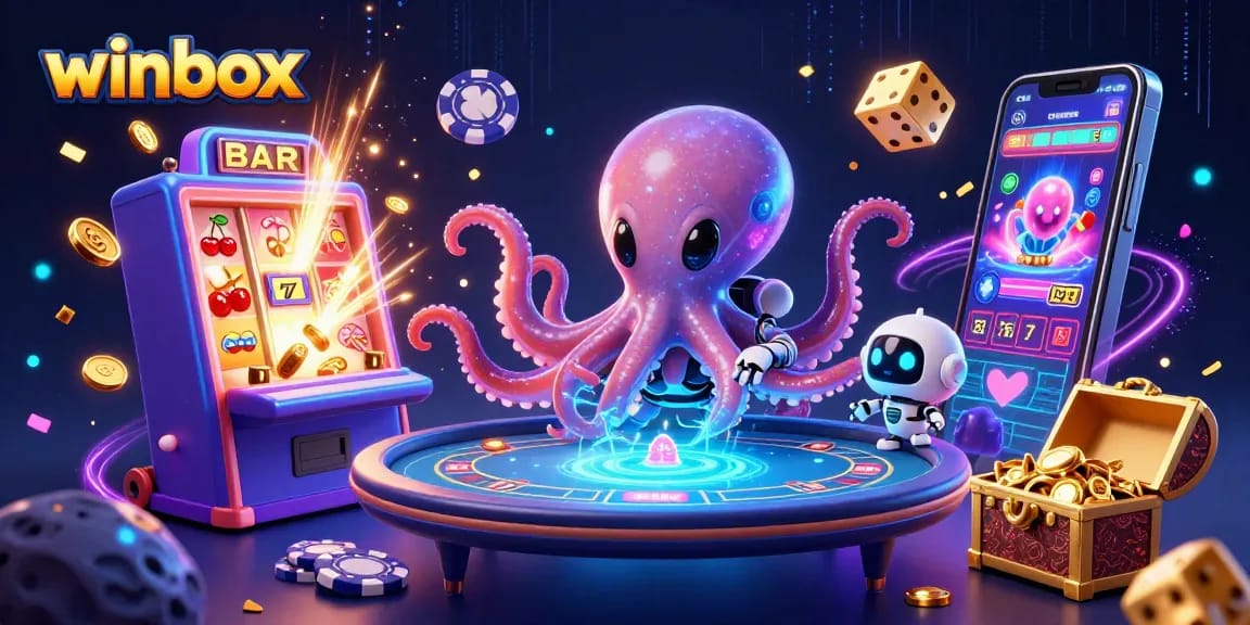 Winbox showcases an alien octopus at a holographic poker table with vibrant casino elements.