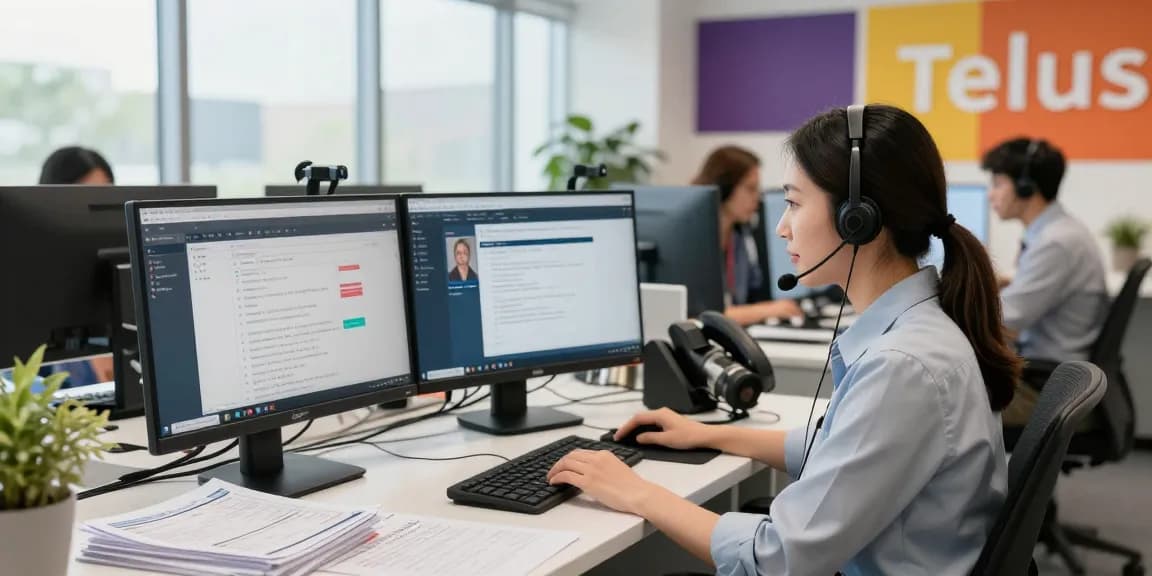 Customer support representative providing Telus-Technical-Support in a modern office environment.
