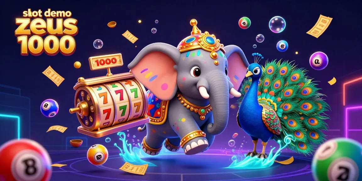 Experience the thrill of slot demo zeus 1000 with vibrant 3D illustration of elephants and casino elements.