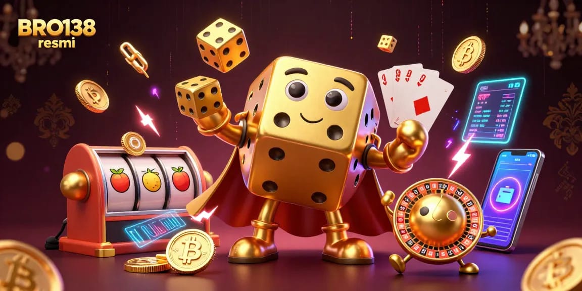 Engage with BRO138 resmi, showcasing a dynamic casino scene featuring golden dice and lively slot reels.