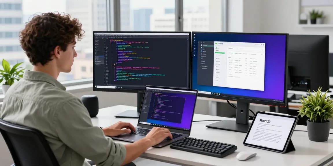 Kotlin app development training in a modern workspace, showcasing a developer coding on dual monitors while engaging with design software.