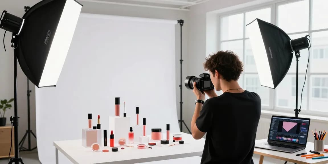Photographe de Produits réalisant des photographies professionnelles de cosmétiques dans un studio lumineux à Milan.