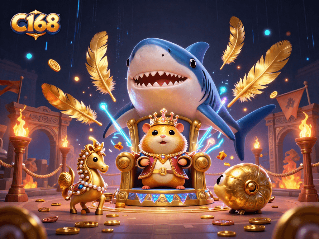 C168 features a golden hamster king ruling over a vibrant online casino world filled with action and excitement.