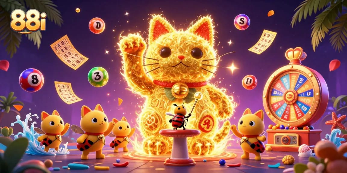 Immerse in vibrant games at 88i, featuring a lucky cat and dynamic lottery elements.