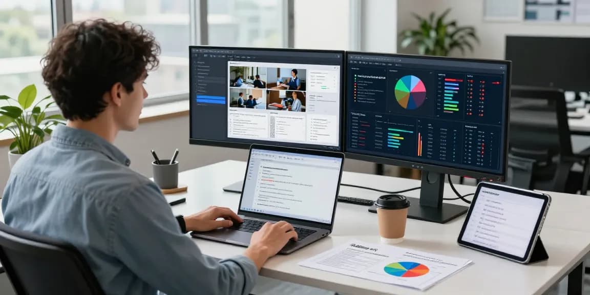 Detect AI image processes in a tech workspace with dual monitors and vibrant data visuals