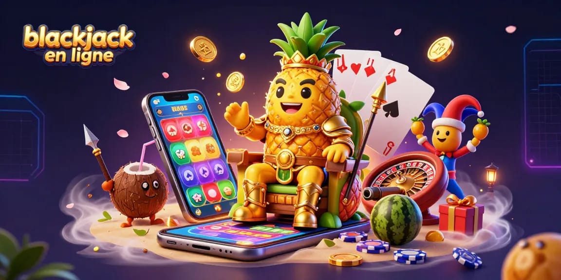 Jouez au blackjack en ligne avec le roi ananas et ses gardes, dans un casino animé.