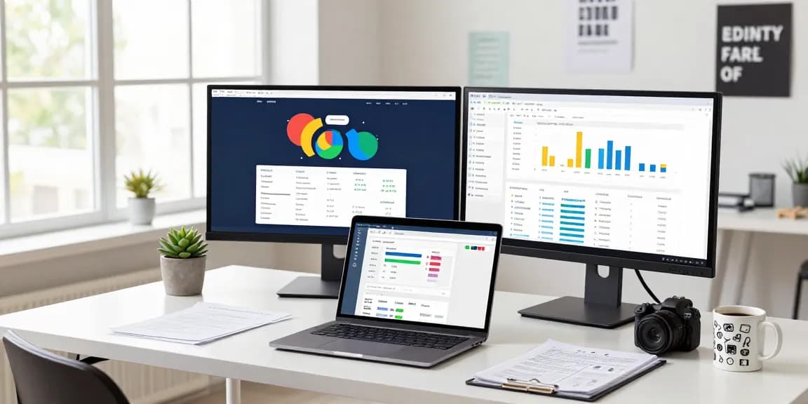 Multichannel lead acquisition workspace with marketing tools, data analytics on screens, and a strategist at work.