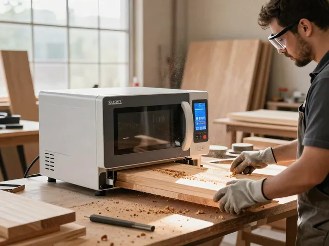 SHASHEL® microwave technology in action for quick woodworm elimination in a woodworking shop.