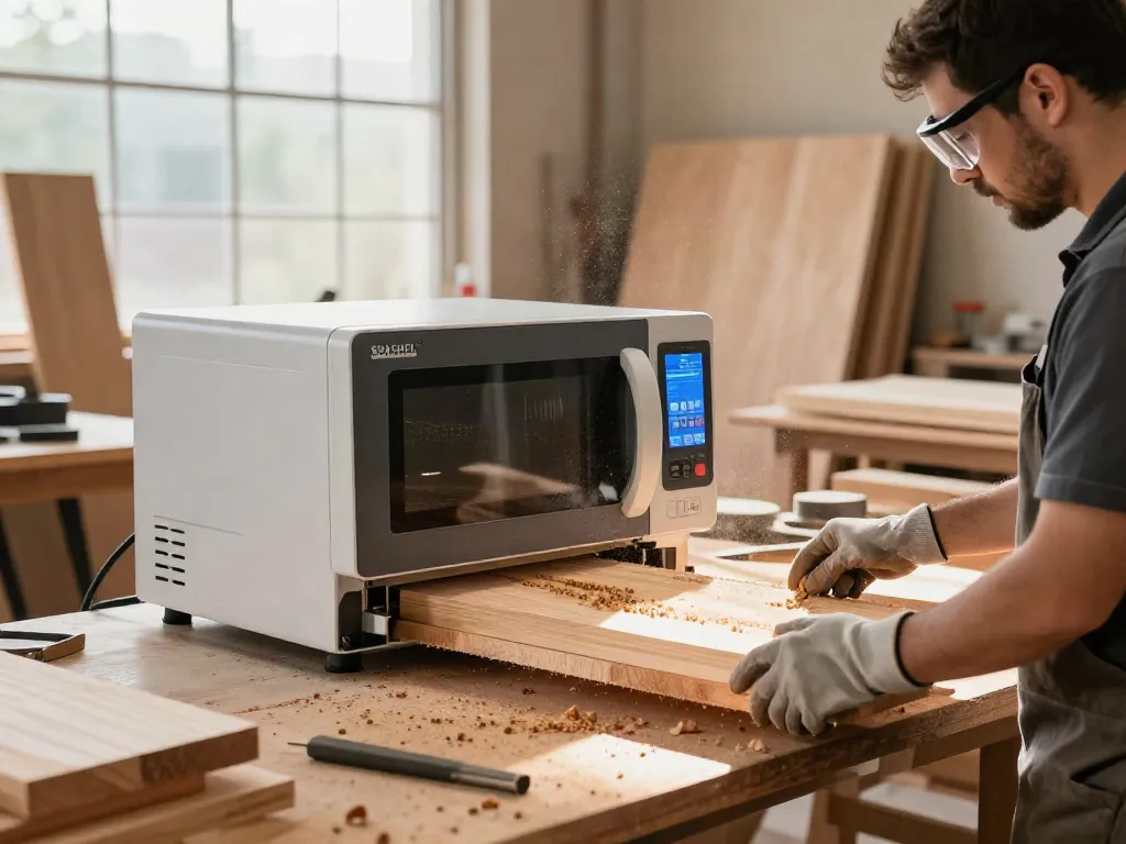 SHASHEL® microwave technology in action for quick woodworm elimination in a woodworking shop.
