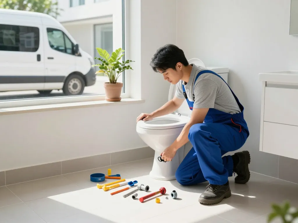 Apex Plumbing Services Western Sydney plumber fixing a toilet in a bright bathroom.
