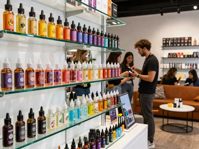 Explore a vibrant vape shop with Alt Zero E-Liquid 100mls in colorful bottles.