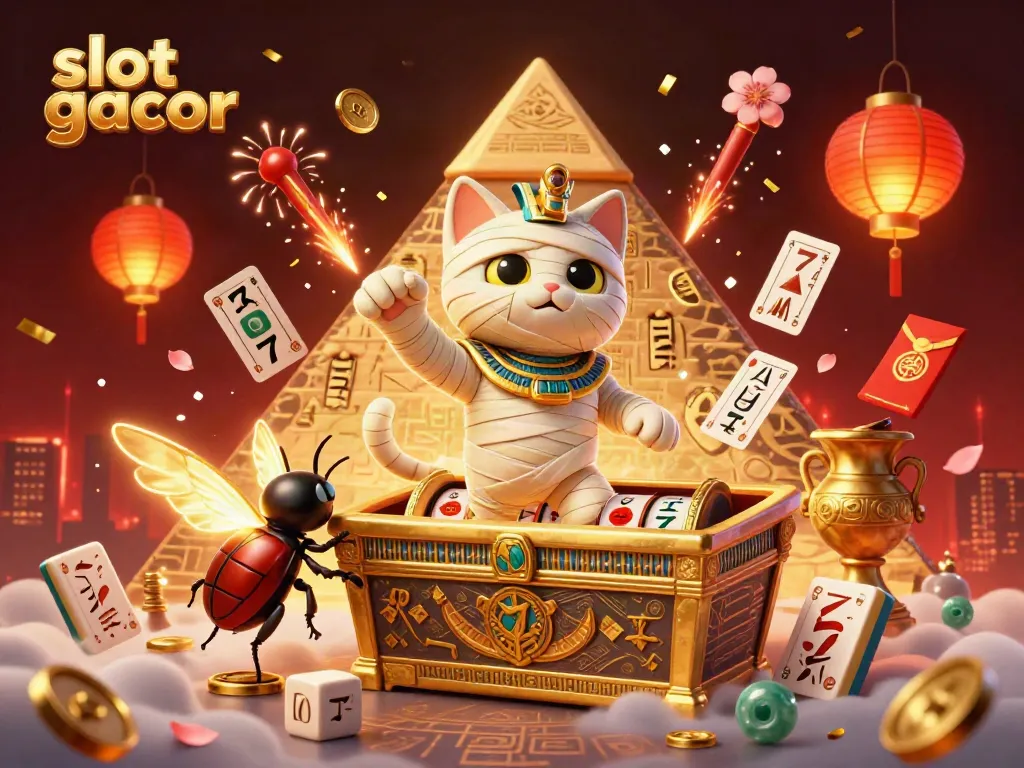 Experience the thrill of slot gacor action with a vibrant scene featuring a cartoon mummy cat and casino elements.