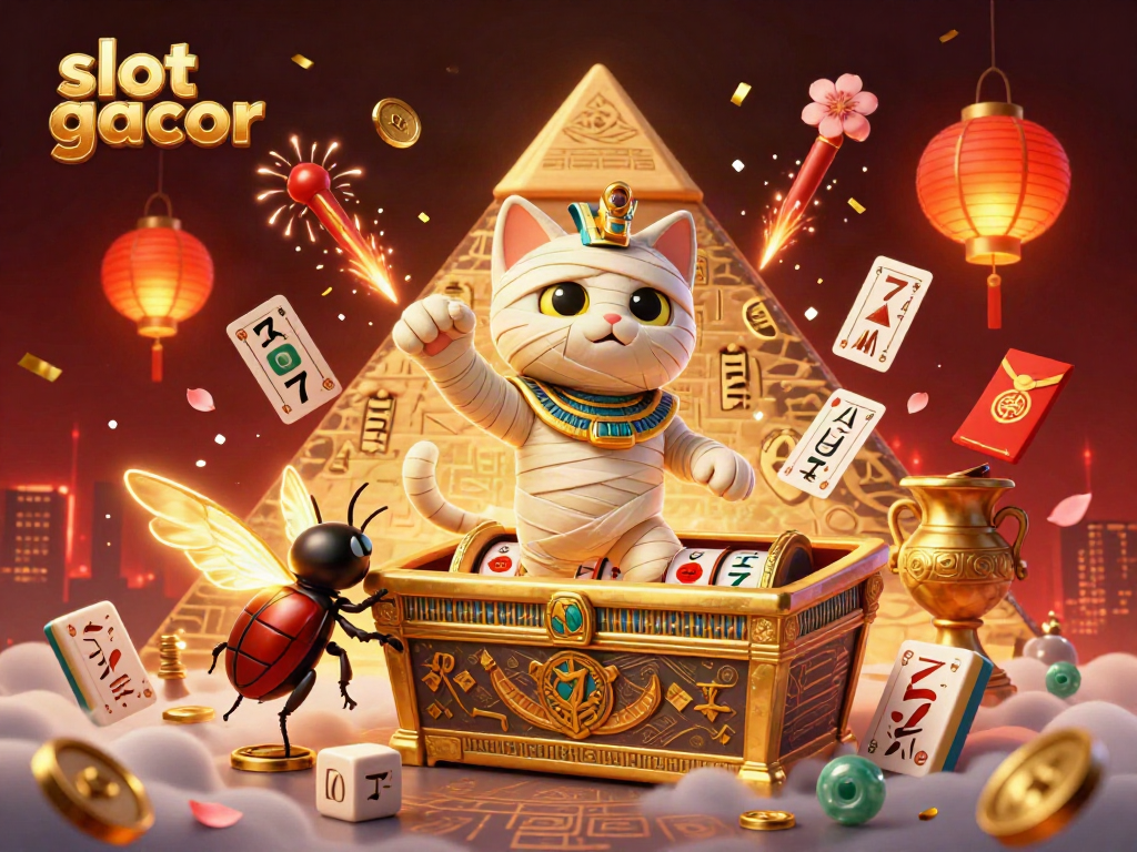 Experience the thrill of slot gacor action with a vibrant scene featuring a cartoon mummy cat and casino elements.