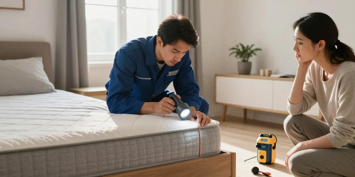 Bed bug treatment in action as an exterminator inspects a mattress and bed frame for infestations.