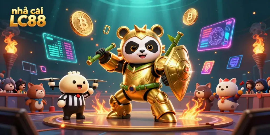 Experience the excitement at nhà cái LC88 with a vibrant 3D illustration of gaming elements and characters.