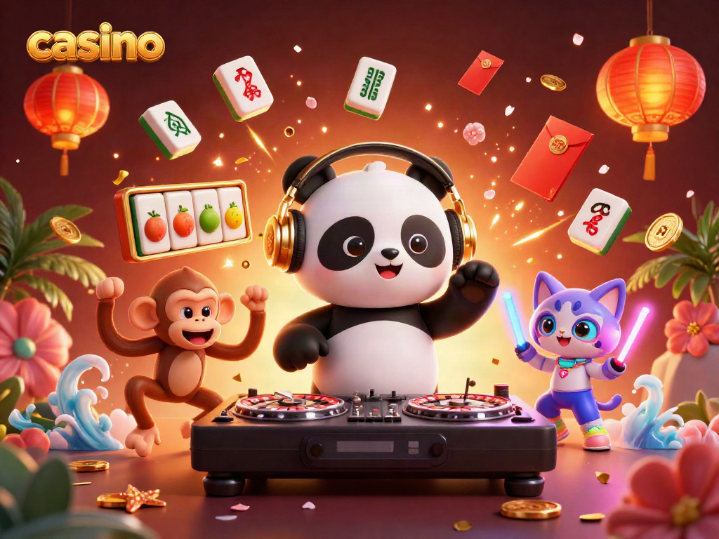 Experience thrilling casino action with vibrant DJ panda, breakdancing monkey, and rave kitten in an exciting 3D dynamic scene.