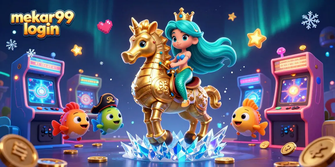 Engage in fun gaming with mekar99 login as the mermaid princess rides a seahorse in a vibrant casino scene.