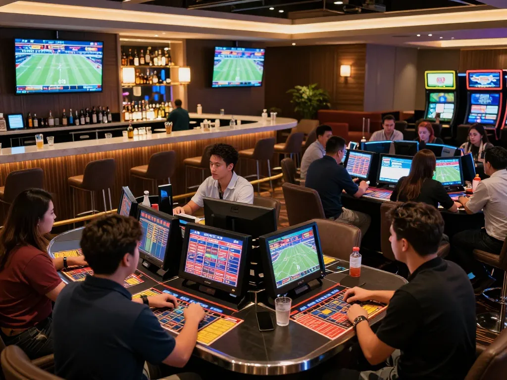 Dynamic sports betting scene at tylekeonhacai88, with enthusiastic bettors engaging over live games and betting strategies.