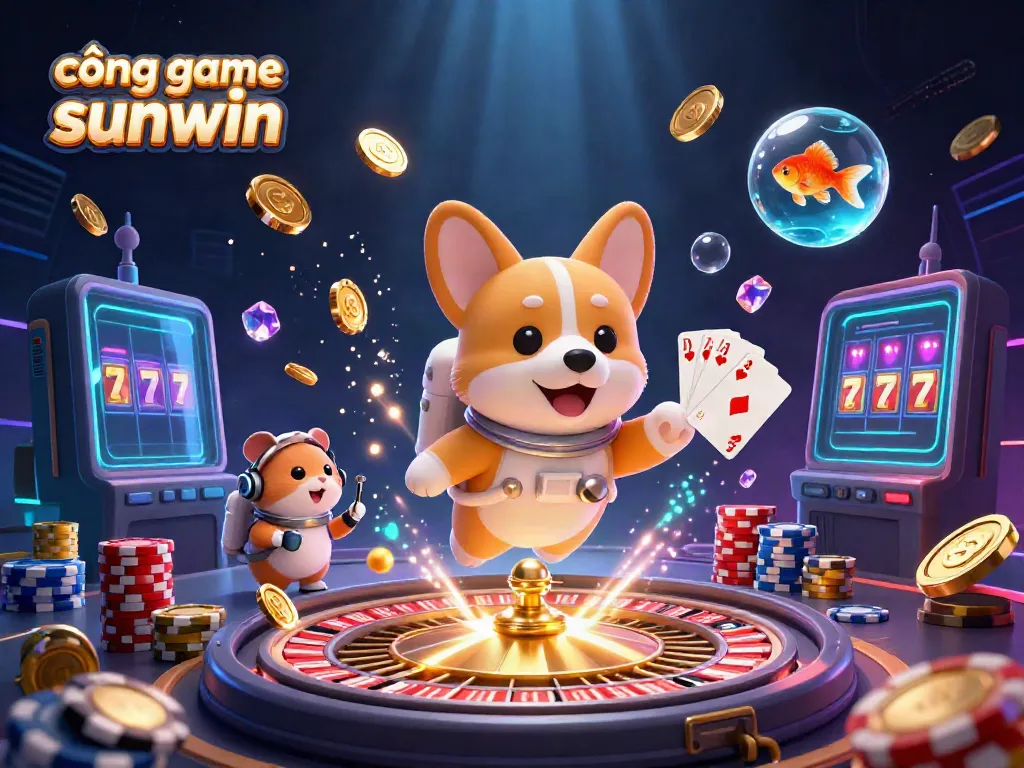 Experience gaming excitement at cổng game sunwin with vibrant visuals of floating characters, coins, and casino elements.