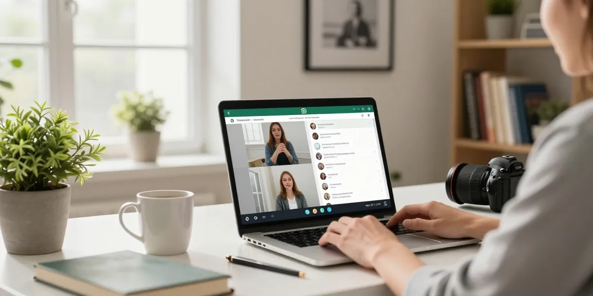 Individual using WhatsApp網頁版 on a laptop in a bright home office environment, showcasing productivity.